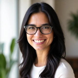 Fotografia professionale di una nutrizionista sorridente, con capelli scuri e occhiali, in un ambiente luminoso e accogliente.