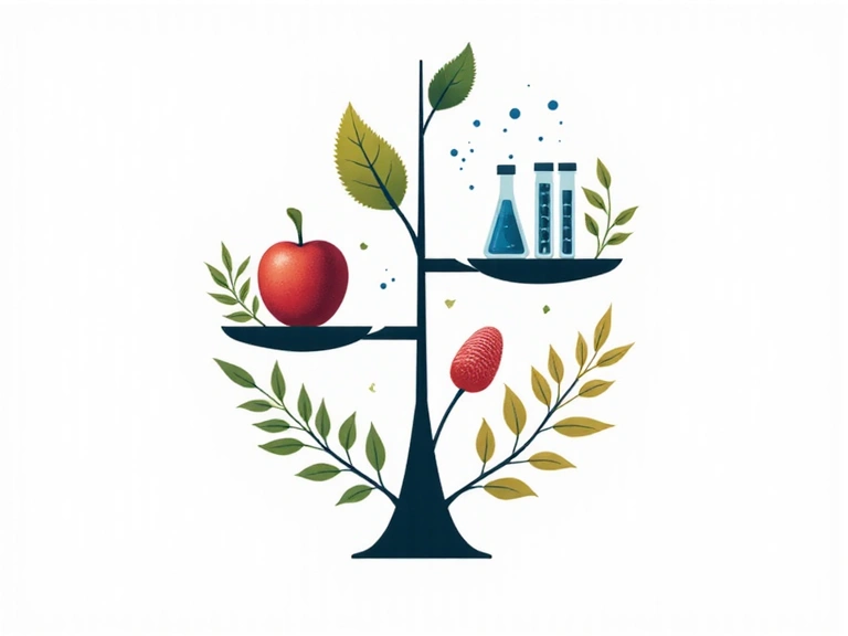 Simboli che rappresentano l'equilibrio tra natura (foglie, frutti), scienza (molecole, provette) e individualità (un'impronta digitale stilizzata o un volto umano stilizzato), tutti armoniosamente integrati.