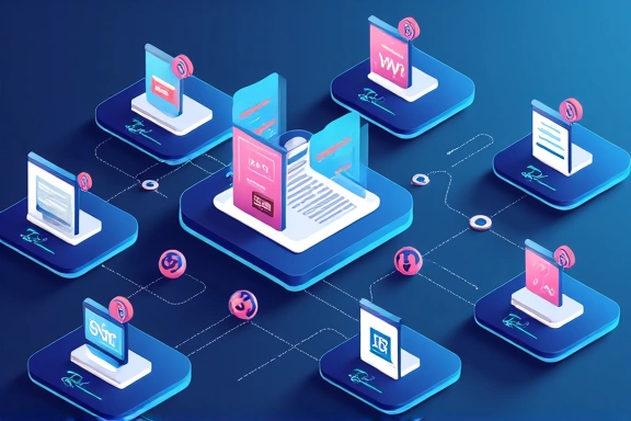 Illustrazione astratta che rappresenta la collaborazione tra un sito web e servizi di terze parti