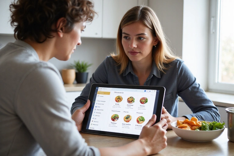 Paziente e nutrizionista che esaminano un piano alimentare su un tablet