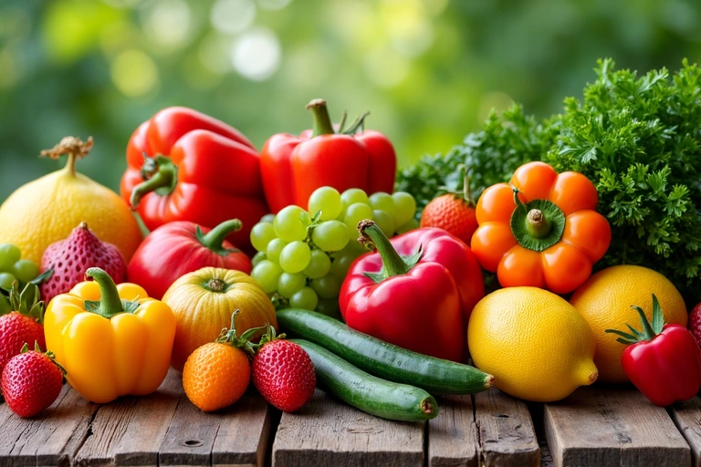 Vario assortimento di frutta e verdura fresca su un tavolo di legno