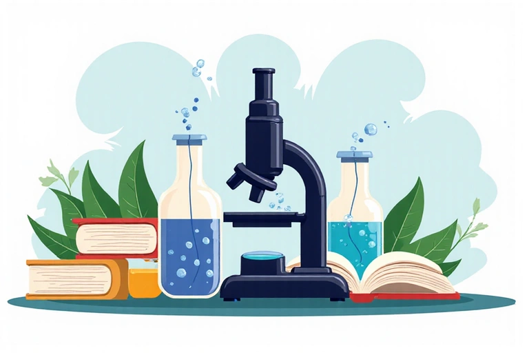 Microscopio stilizzato e libri di scienza che simboleggiano la ricerca nutrizionale
