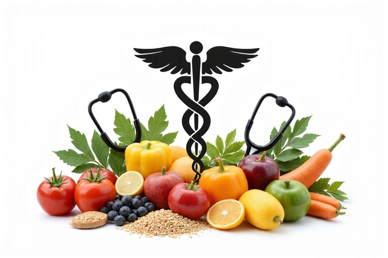 Simboli medici stilizzati e cibo sano che cura
