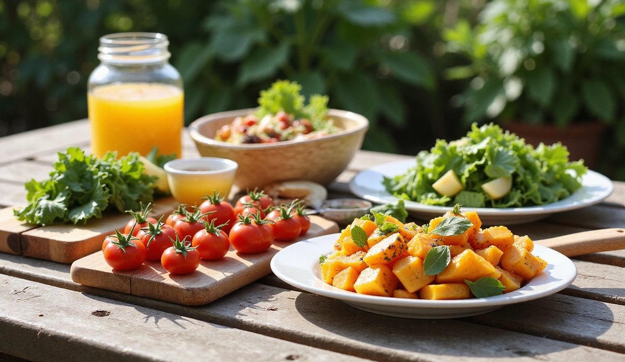 Piatti colorati e ingredienti freschi tipici della dieta mediterranea su un tavolo di legno all'aperto sotto il sole