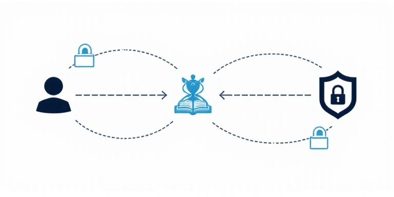 Icone che rappresentano la condivisione sicura dei dati con fornitori di servizi e autorità legali, con lucchetti e scudi.