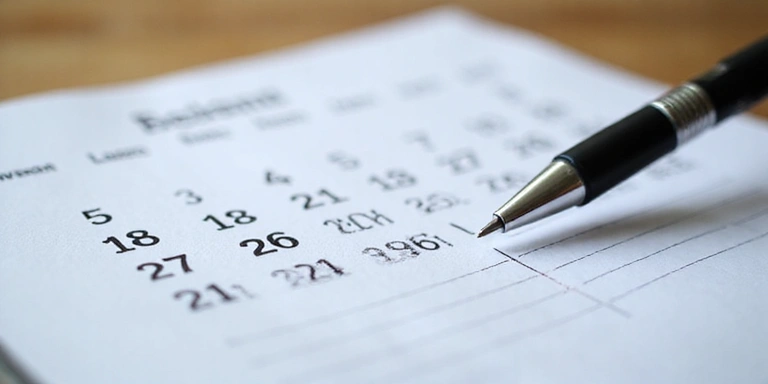 Un calendario con una data evidenziata e una penna, che simboleggia gli aggiornamenti e le revisioni di un documento.