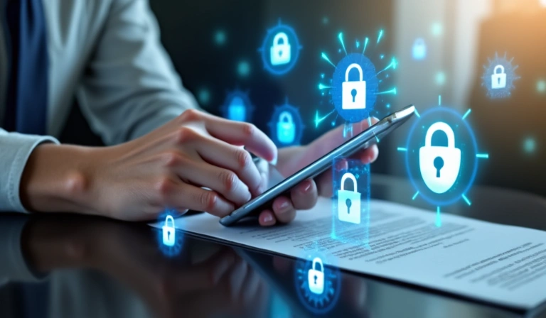 Una persona che legge un documento sulla privacy con icone di sicurezza e lucchetti.