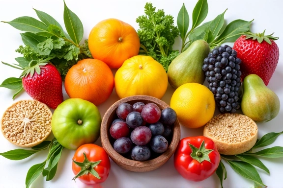 Frutta e verdura disposte in modo terapeutico, simbolo di nutrizione per condizioni specifiche